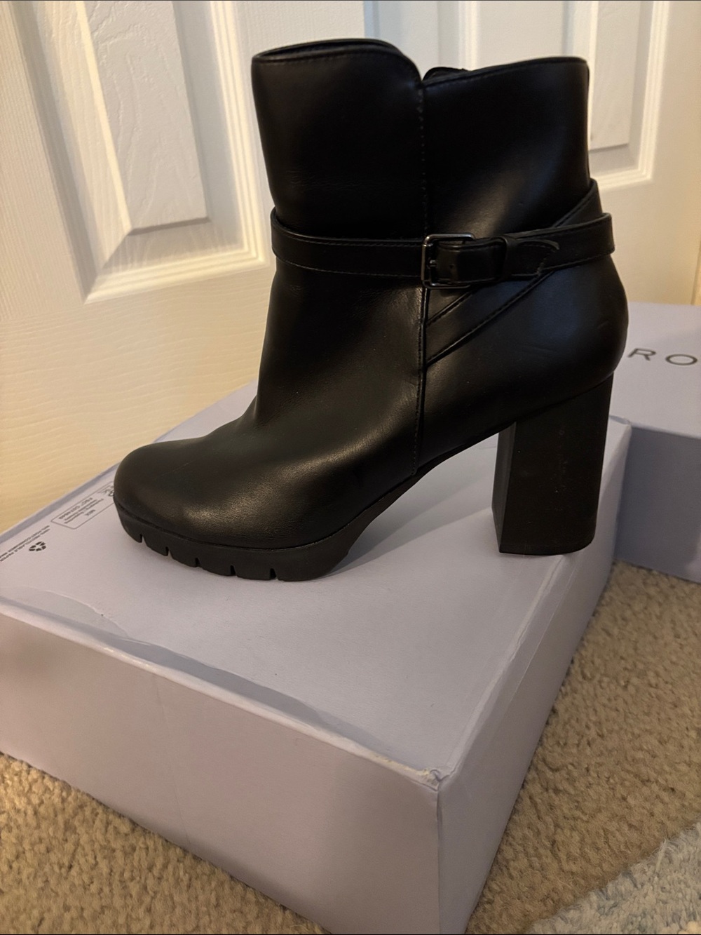 Anne Klein Black Chunky Heel Ankle Boot with Buckle